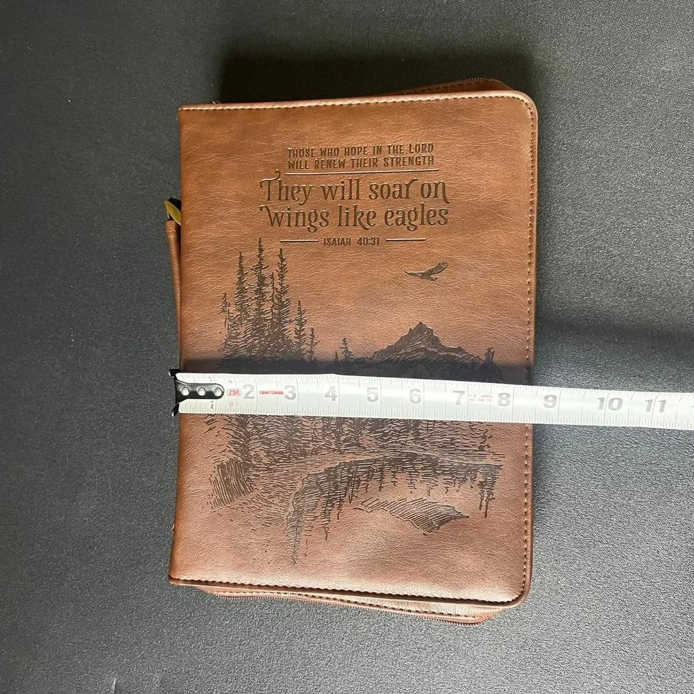 Isaiah 40:31 Brown Faux Leather Bible Cover Case with Handle and Zipper Large